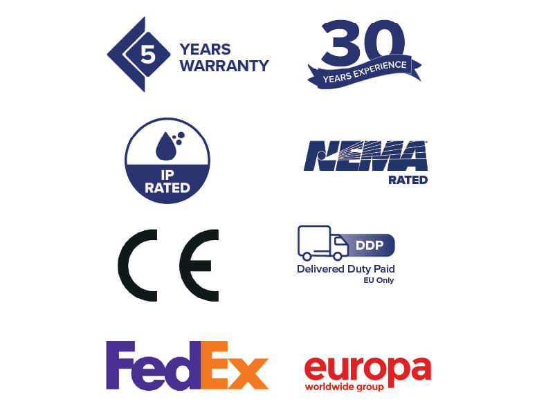 Pictogrammen die garanties, accreditaties en verzendopties van Armagard weergeven