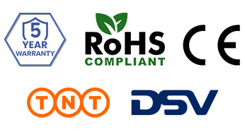 5 jaar garantie, TNT-levering, DSV-levering, CE- en RoHS-logo's