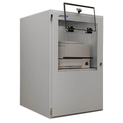 Een Armagard IP54 printer beschermkast met geïnstalleerde laserprinter
