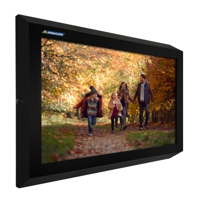 Links gerichte weergave van de Armagard slagvaste TV-schermbeschermer