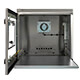 Zebra ZT620 reinruimte printerbehuizing met open deur, met zicht op interne ventilatoren, stopcontacten en uitschuifbare printerlade