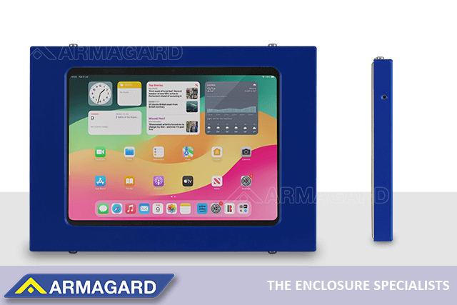 Voor- en zijaanzicht van de Armagard tablet behuizing