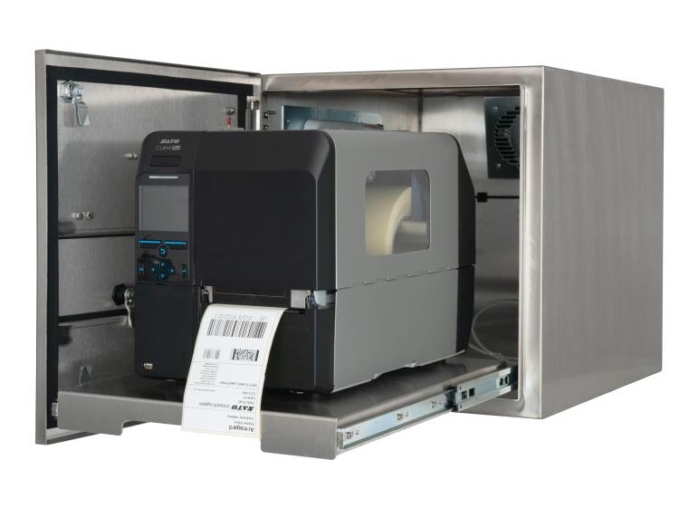Een IP65 RVS beschermkast voor SATO industriële labelprinters met een geïnstalleerde CL4NX Plus printer