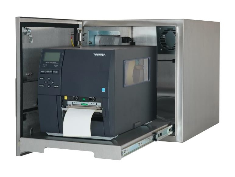 Een IP65 RVS printerkast voor Toshiba TEC desktop industriële printers met een geïnstalleerde B-EX4T1 printer