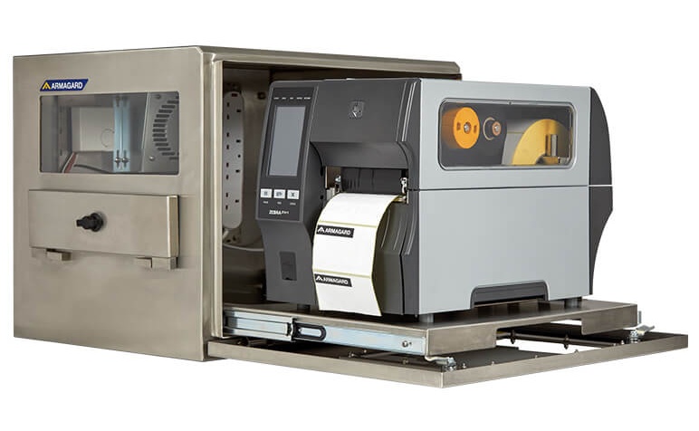 Een waterdichte RVS kast van Armagard voor Zebra industriële barcodeprinters met een geïnstalleerde ZT411 printer